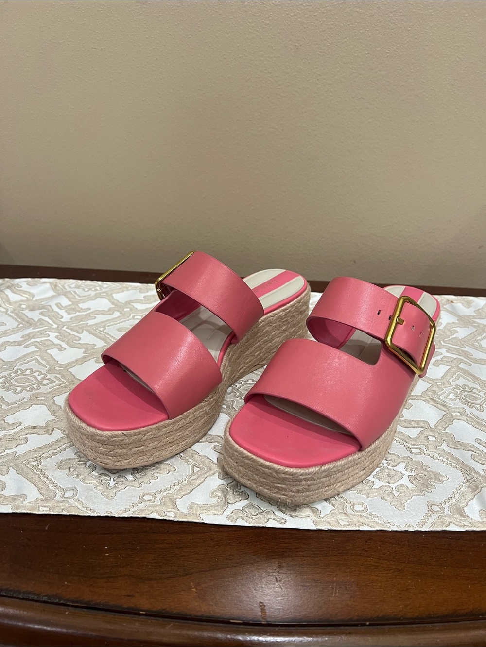 Franco Sarto Pink Platform Espadrille Slide Sandals with Gold Buckle